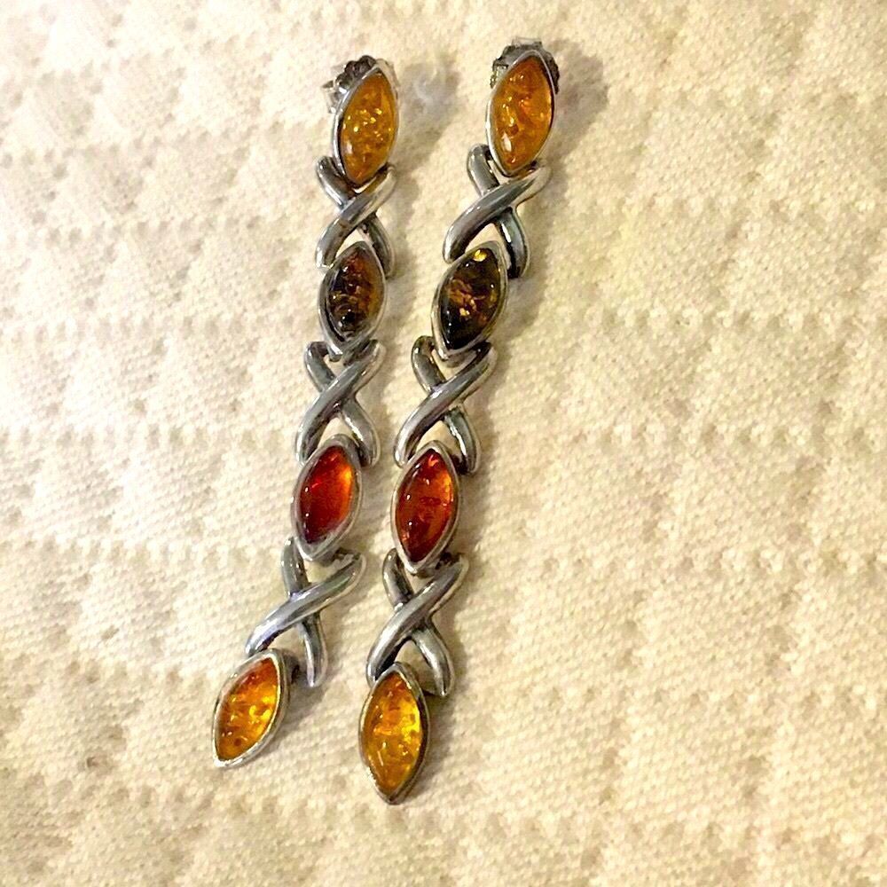 Vintage Sterling Silver Multicolor Amber Drop Earrings